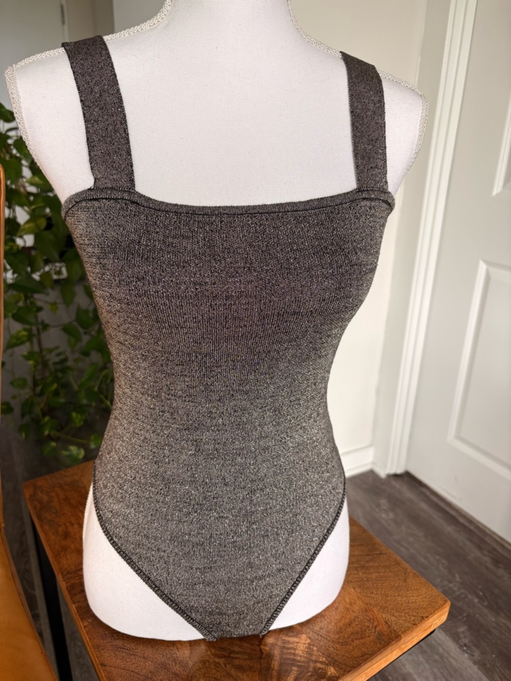 Lulu's Charcoal Grey Knit Square-Neck Bodysuit